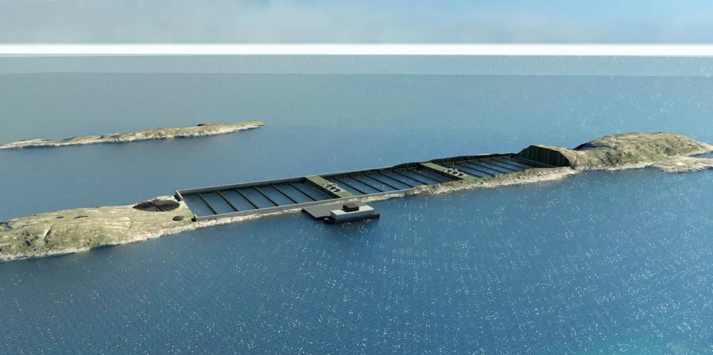 FRAMTIDSANLEGG I MELØY: Slik ser Gigante for seg at et landbasert anlegg på Verholmen i den nordlige delen av øygruppa Bolga i Meløy kommune i Nordland kan komme til å se ut.
