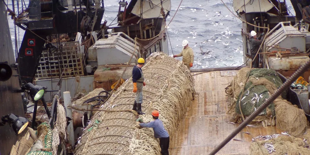 A Russian pollock factory trawler in operation.