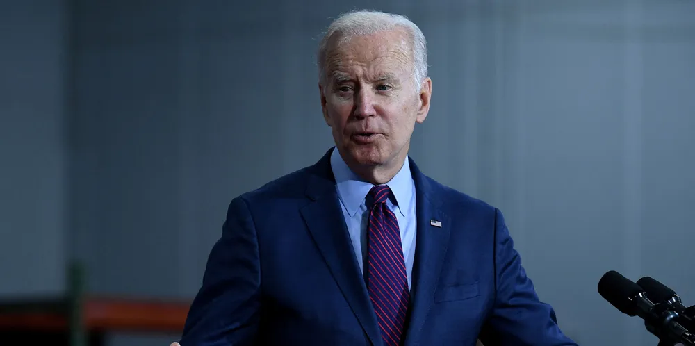 US President Joe Biden speaks about legislation to boost the economy at United Performance Metals, a specialty metals solutions centre in Hamilton, Ohio, on 6 May. On Sunday, the president’s administration took direct aim at Russian shipping.