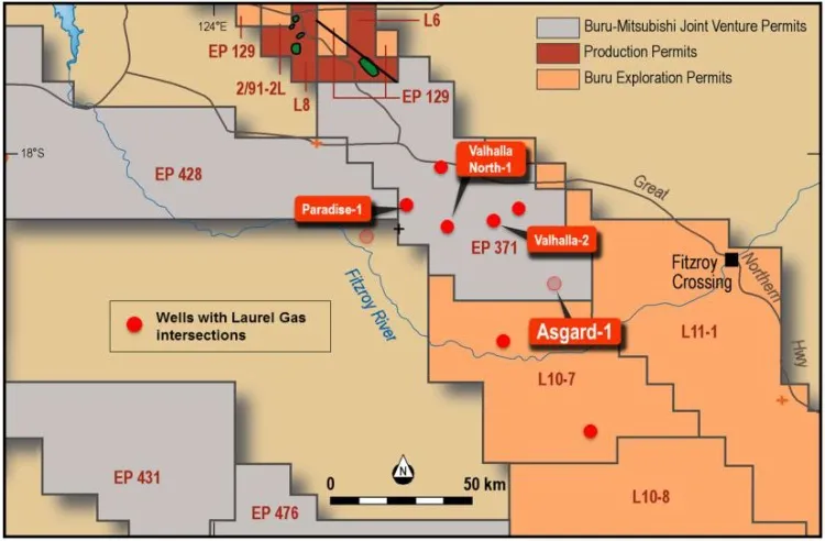 Canning basin: a map showing Buru Energy and Mitsubishi's permits, including the Asgard, Paradise and Valhalla prospects