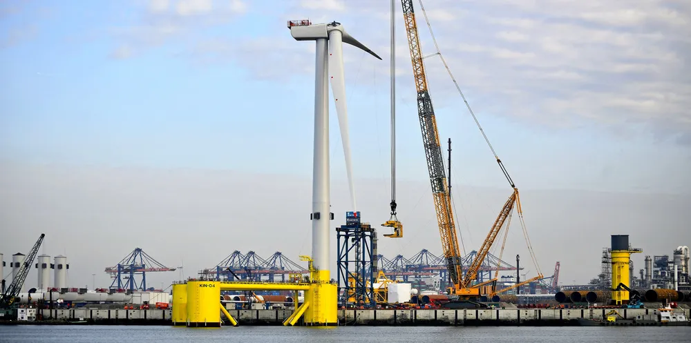 The platforms for the 50MW Kincardine floating wind power project off Scotland were fabricated in Spain, with turbine mated in the Netherlands (pictured)