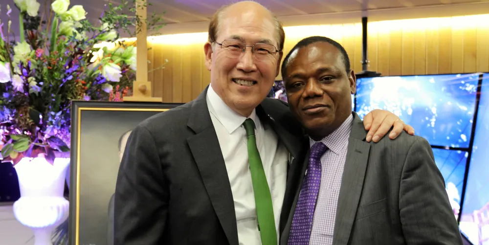 Kitack Lim with IMO marine environment committee head, Liberia’s Harry Conway. They are pictured at Lim’s farewell party.