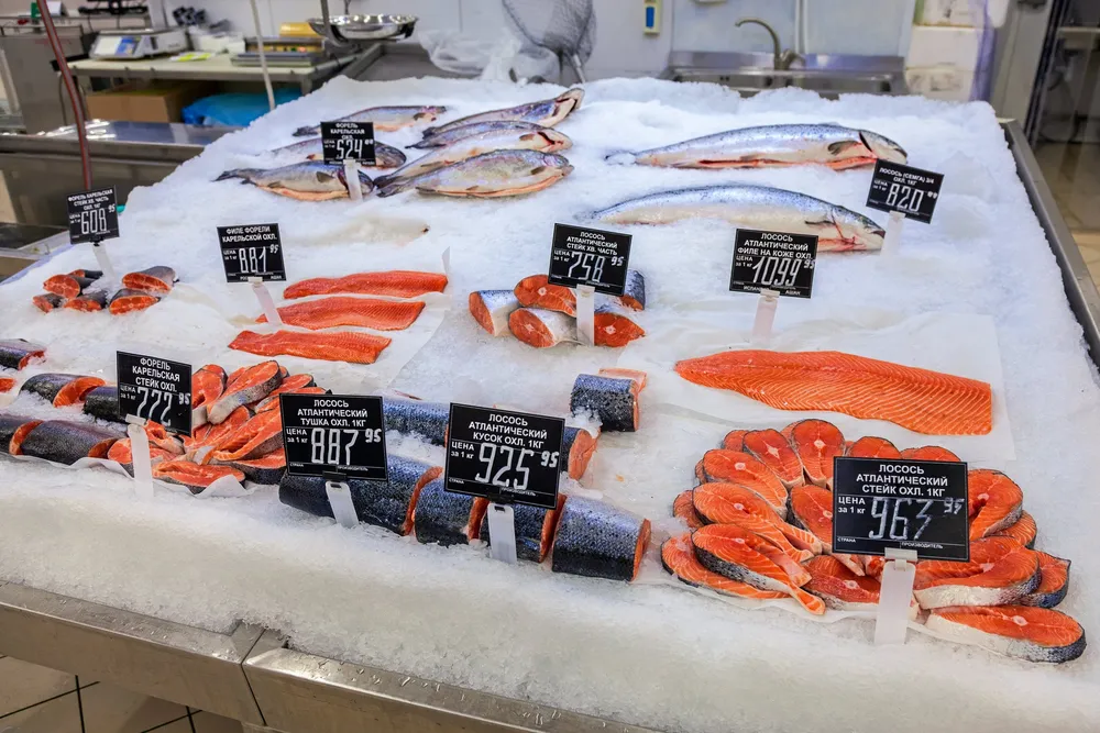 Salmon on a Russian supermarket shelf. Chile continues to benefit from access to the globally shunned country.
