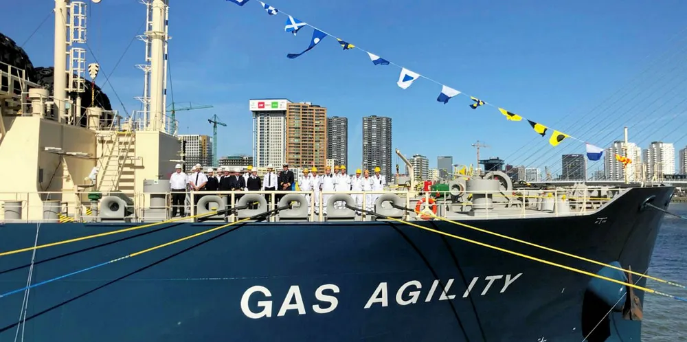 The MOL-owned, Total-chartered Gas Agility lines up for its naming ceremony in Rotterdam.
