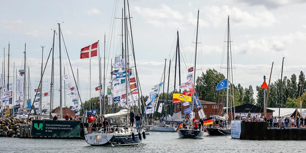 Peter Gast Schifffahrtsregatta race participants enter Aeroskobing harbour in Denmark.