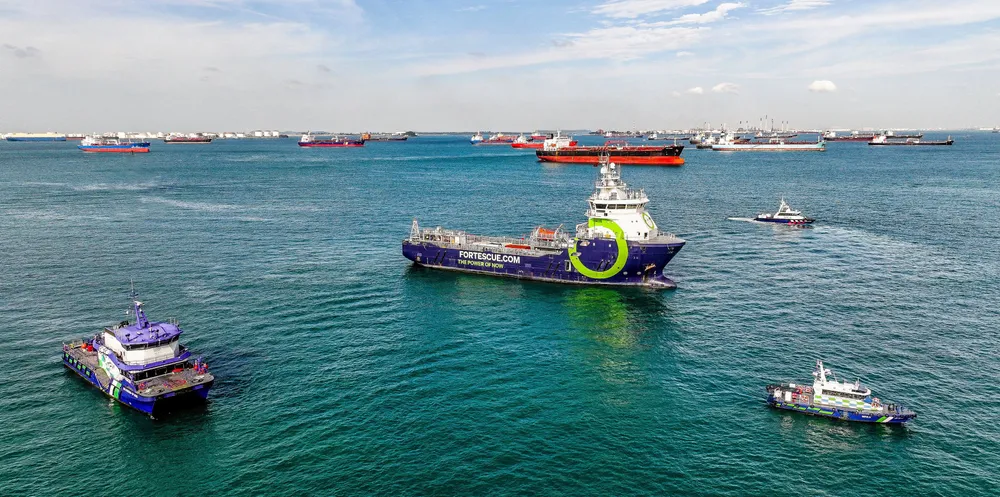 Fortescue’s FFI Green Pioneer, partially fuelled by ammonia, in the ammonia-capable Port of Singapore.