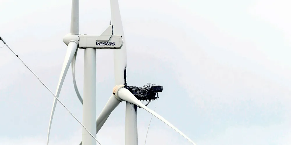 An MHI Vestas' V164 wind turbine a day after it caught fire at Osterild wind turbine Test Field , near Thisted-Osterild in western Denmark