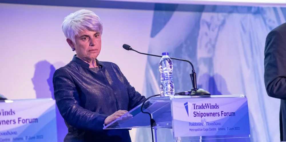Selling older VLCCs now? Navios Maritime Partners chief executive Angeliki Frangou speaks at the TradeWinds Shipowners Forum in Athens in June 2022.