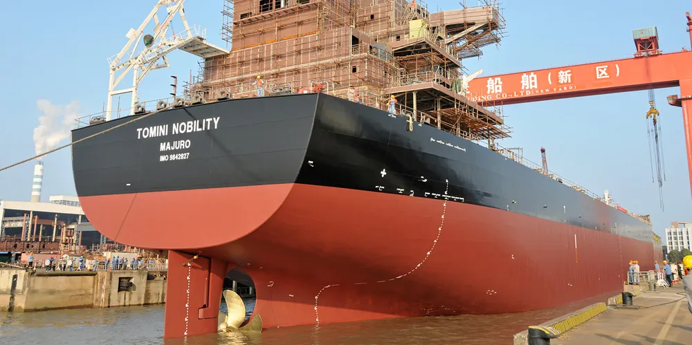 Tomini Shipping is said to have sold its last kamsarmax bulker, the 2020-built Tomini Nobility, seen here while under construction in China.