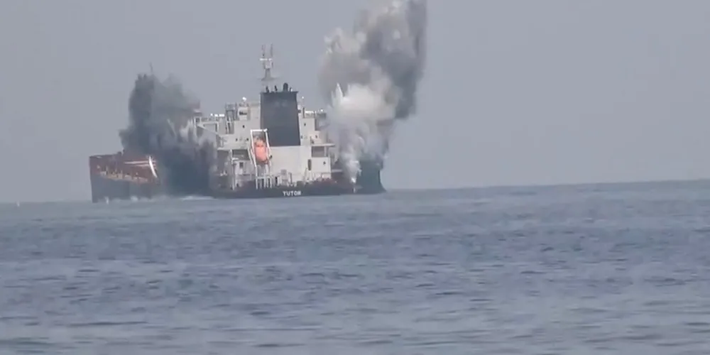 Smoke rises after an explosion on the Greek-owned Tutor.