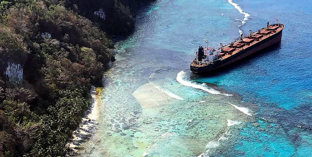 Fuel leaking from the Solomon Trader, pictured aground off Rennell Island