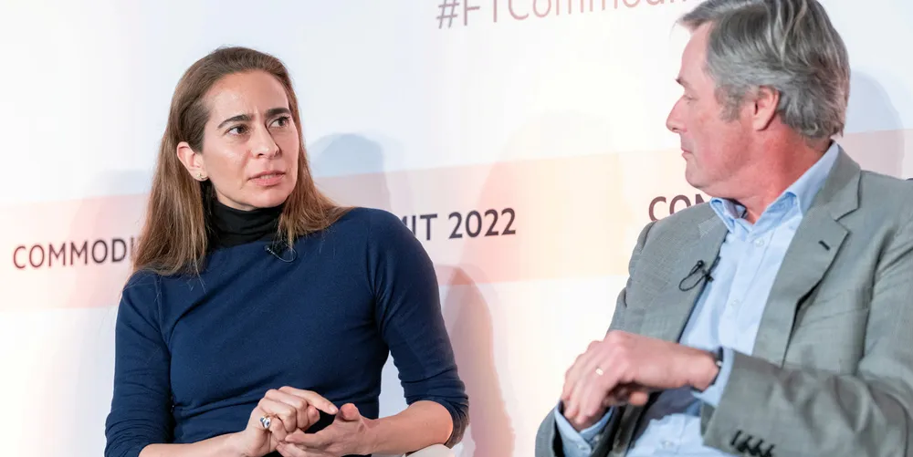 Semiramis Paliou, CEO of Diana Shipping, and Mark Jackson CEO the Baltic Exchange, at the FT Commodities Global Summit in Lausanne, March 2022.
