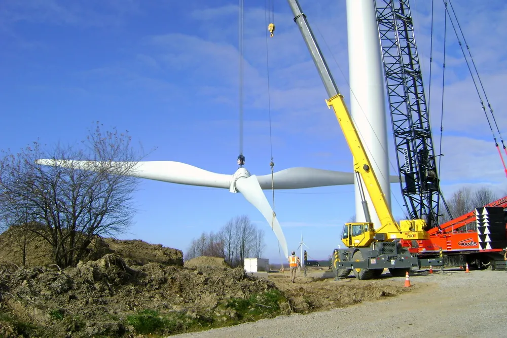 A wind turbine under construction in the US.