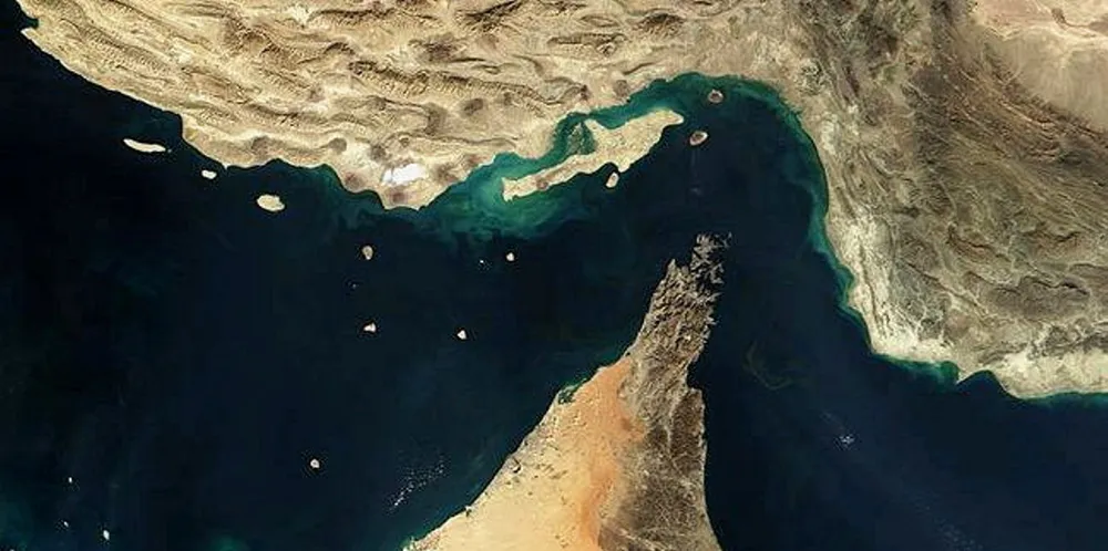 A satellite image of the Strait of Hormuz.