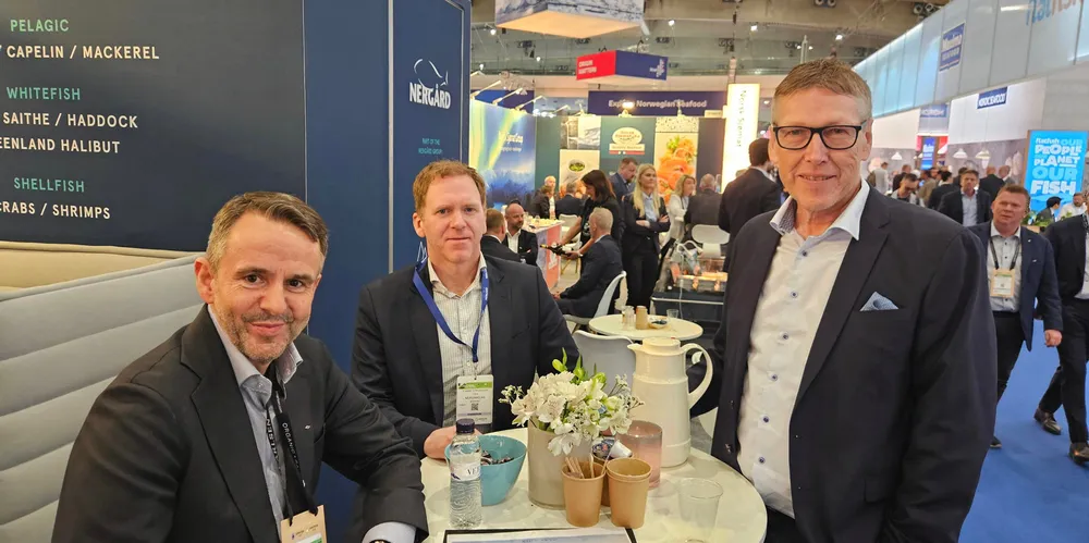 L-R: Yngve Myhre, chairman of Kime Akva, Tommy Torvanger, CEO of Nergard, and Ole-Martin Andreassen, chairman of Oddvar Nes, presented the news during the seafood expo in Barcelona.