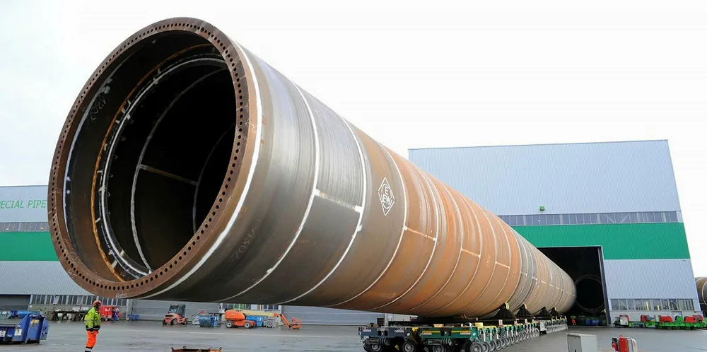A so-called XXL monopile being moved out of EEW's production hall in Rostock, Germany. There is no suggestion that EEW monopiles have had any problems.