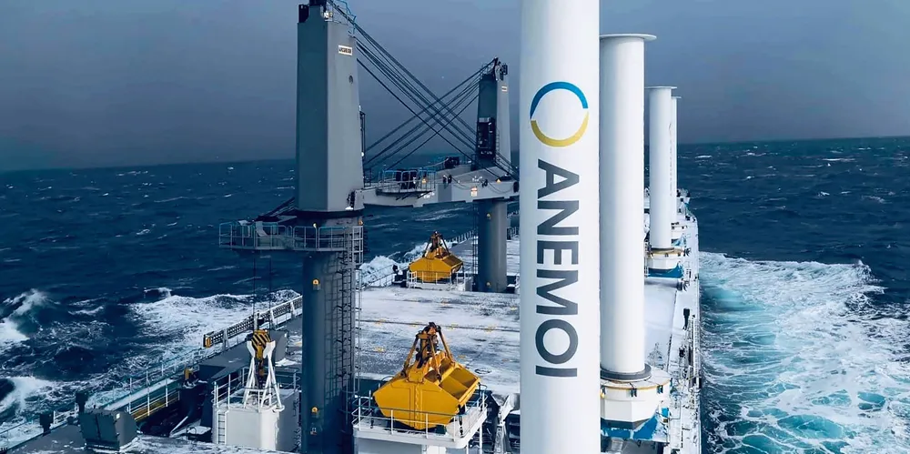 The 64,000-dwt ultramax Afros (built 2018), controlled by Blue Planet Shipping, sailing with four first-generation Anemoi Rotor Sails on a longitudinal rail system to allow unhindered cargo operations.