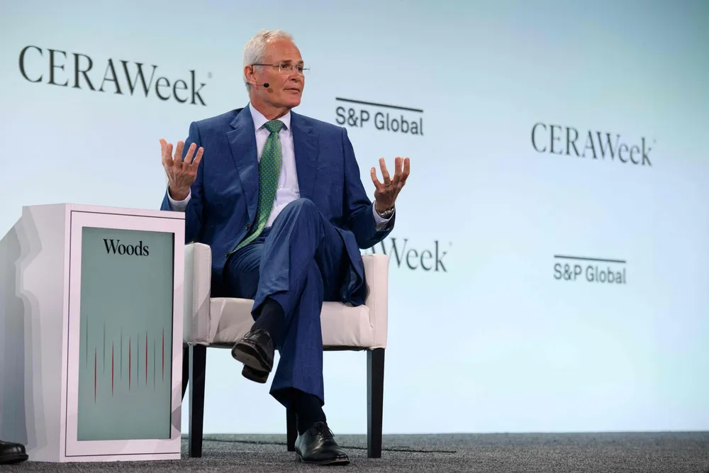 ExxonMobil chief executive Darren Woods speaks during the CERAWeek oil summit in Houston, Texas, on March 18, 2024.