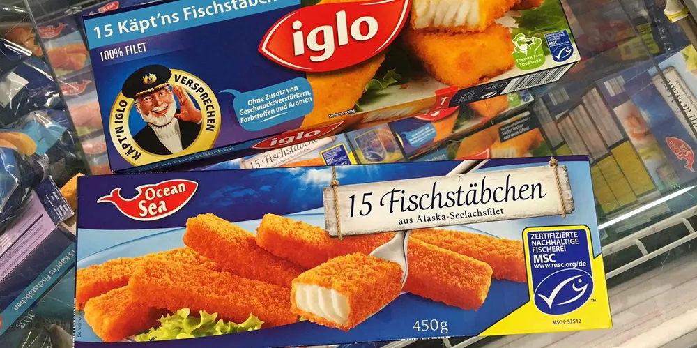 Iglo frozen fish fingers alongside a Lidl private label brand. Both are made with Alaska pollock.
