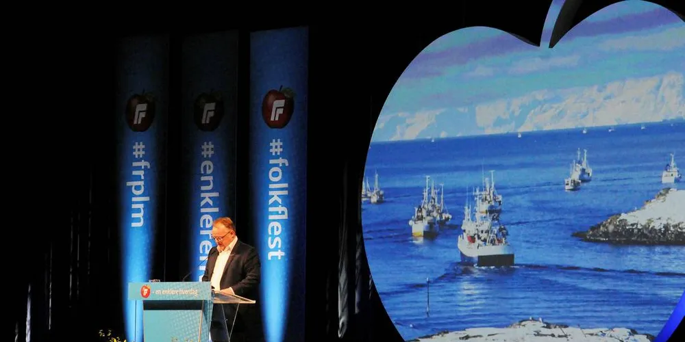 POLITIKK: Fiskeriminister og 1. nestleder i Fremskrittspartiet, Per Sandberg, presenterte partiets prinsipp- og handlingsprogram for de neste fire årene på landsmøtet i mai. Arkivfoto: Kjersti Kvile