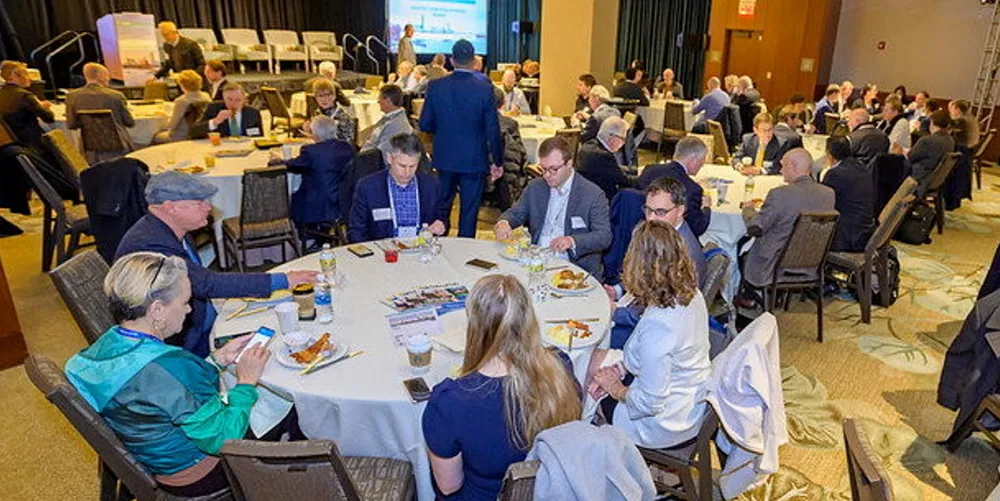 A crowd gathers for the IntraFish Boston Leadership Breakfast on March 14, 2022.