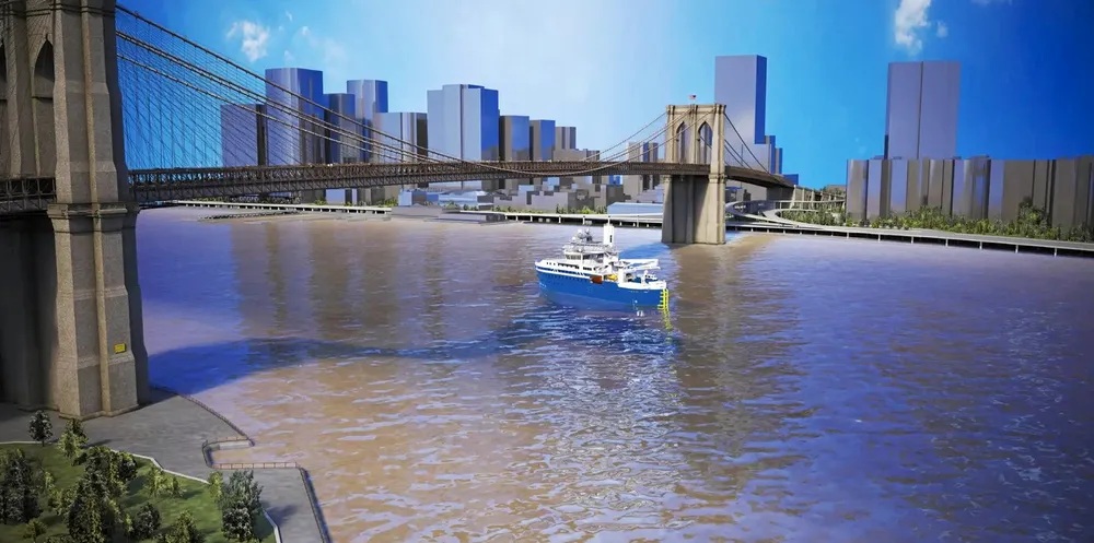An artist’s rendering shows an Edison Chouest Offshore’s newbuilding SOV near the Brooklyn Bridge. The battery hybrid ship has secured a contract to serve Empire Offshore Wind.