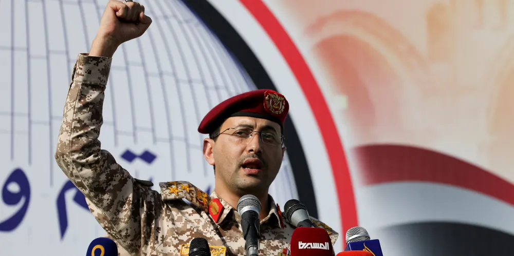 Houthi military spokesman Yahya Sarea delivers a statement announcing the targeting of three US destroyers in the Red Sea last week.