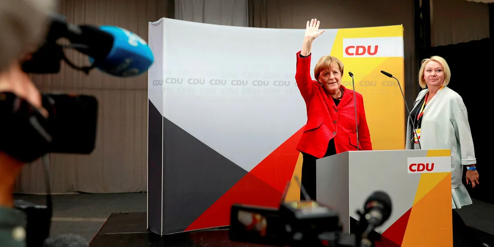 German Chancellor Angela Merkel arrives at an election rally in Wismar, northern Germany.