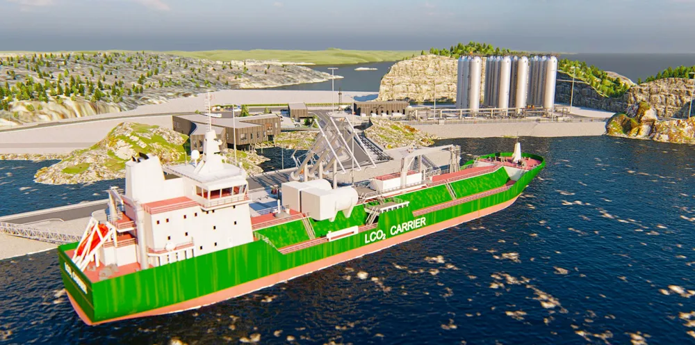 A rendering of a CO2 receiving terminal at the premises of the Naturgassparken industrial area in the Oygarden in western Norway for CCS.