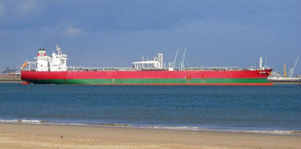 The 119,500-dwt product tanker SKS Doda (built 2012) is seen at the French port of La Rochelle in 2015. The LR2 tanker is owned by Kristian Gerhard Jebsen Skipsrederi.