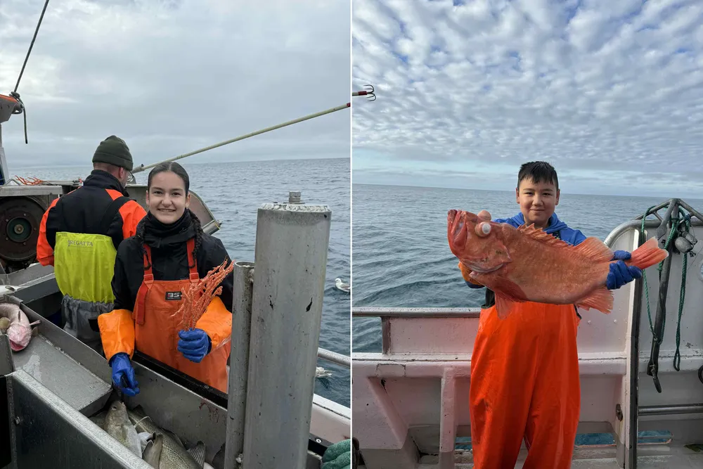 Margaryta Poluda (15) og Aron Simonsen (14) fra Vardø trives godt med ungdomsfiskeordningen. Her er de på «Ingrid Marie».