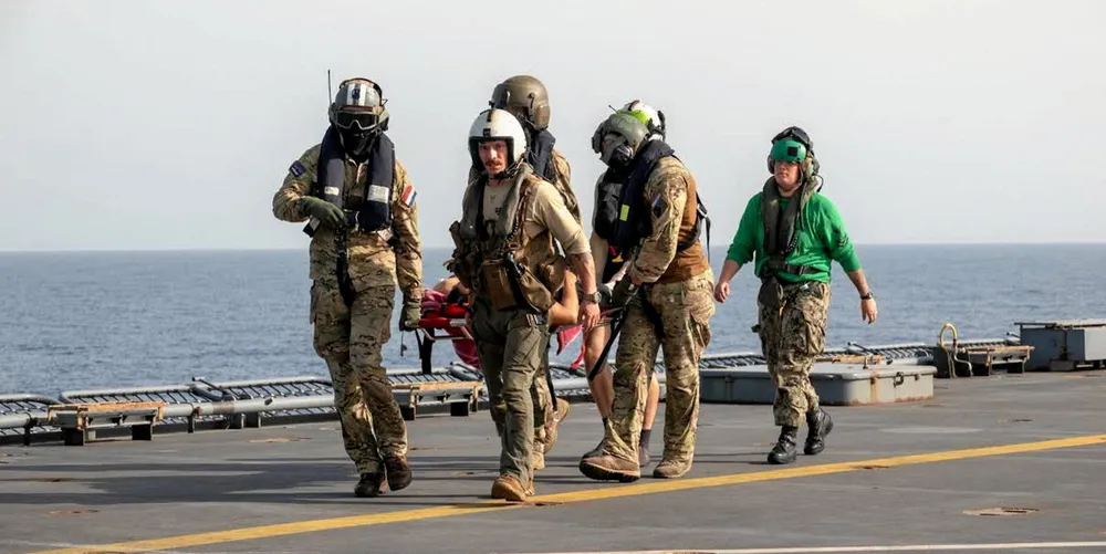 On June 13, 2014, an air medevac was conducted, from the 11,400-dwt bulker Verbena (built 2008) to HLMNS Karel Doorman, to transfer an injured seafarer after his ship was hit by a Houthi missile attack.