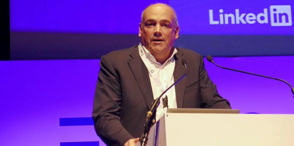 The chief executive officer of Hapag-Lloyd, Rolf Habben Jansen, speaks at the European Shipping Summit in Brussels.