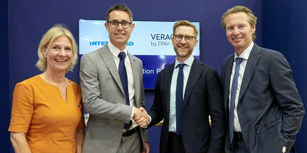 (From left) DNV maritime senior vice president and tanker director Catrine Vestereng, Veracity by DNV head of partnerships Barry Authers, Intertanko deputy managing director Tim Wilkins and DNV maritime chief executive Knut Orbeck-Nilssen.