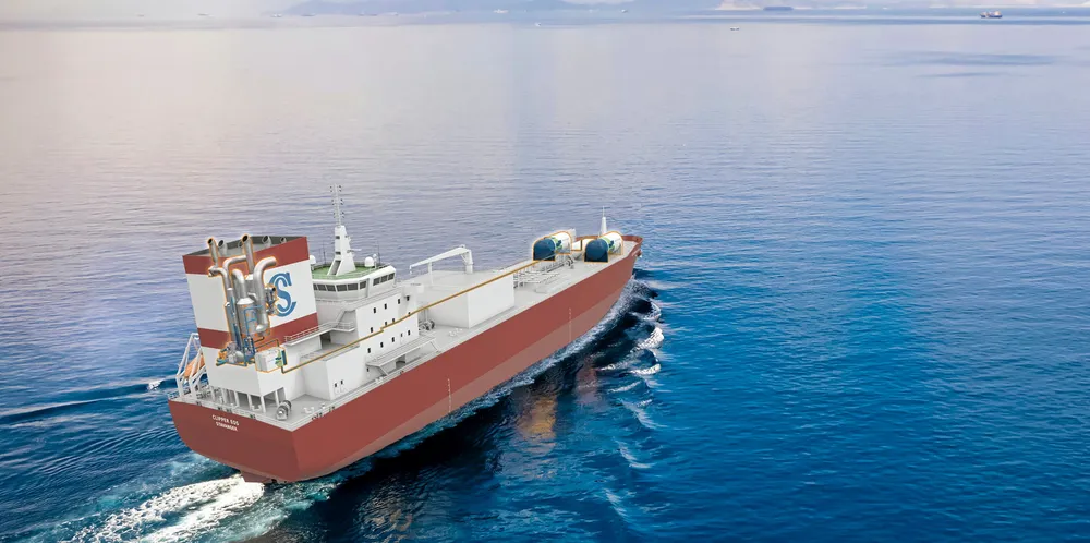 This image of a Solvang Clipper class vessel shows the proposed extended funnel holding SOx scrubber, wet electrostatic precipitator and carbon capture systems. CO2 storage tanks are seen on the forward deck.