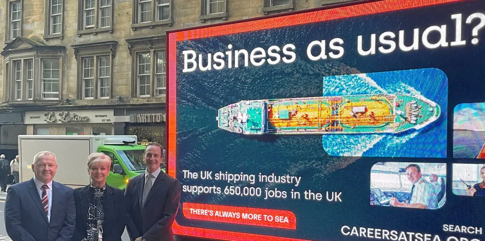 (From left) Rhett Hatcher, Kathryn Neilson and Merchant Navy Training Board chair Mark Bobby help launch the campaign in Glasgow.