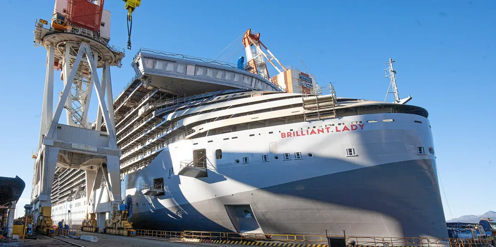 Fincantieri nears completion on building Virgin Cruises’ 2,770-berth cruise ship Brilliant Lady at its Sestri Ponente shipyard in Genoa in November 2022. The shipbuilder expects to return to full-year profit in 2025.