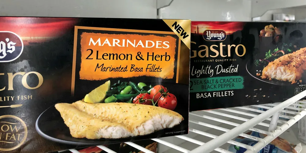 Young's basa Gastro range products in UK retail freezer.