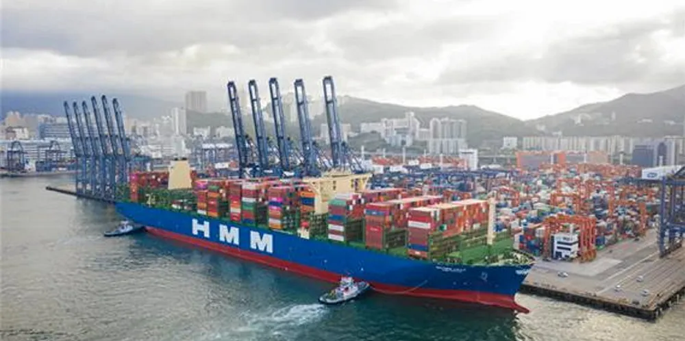 The 24,000-teu HMM Gdansk (built 2020) on its maiden call to Hong Kong at Kwai Tsing Container Terminal.
