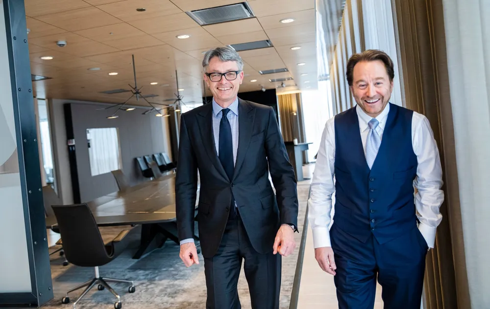 Aker-sjef Øyvind Eriksen (t.v.) og Aker-eier Kjell Inge Røkke har allerede gjort store investeringer innen kunstig intelligens.