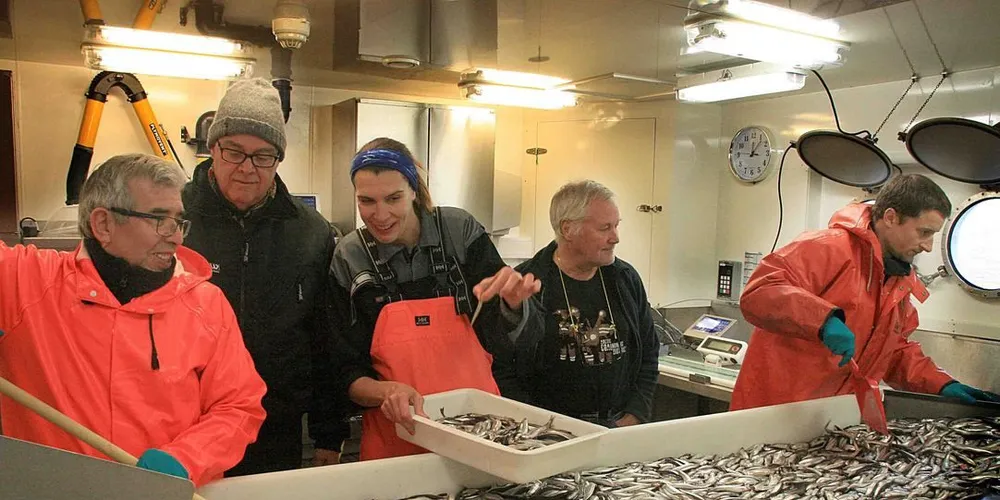 Jaime Alvarez (t.v.), Magnus Johannessen, Tatjana Prokhorova, Lage Drivenes og Adam Custer har fått under økosystemtoktet i fjor høst. Arkivfoto: Georg Skaret/Havforskningsinstituttet