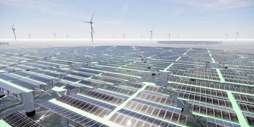 A rendering of the planned floating offshore solar and wind plant off Italy.