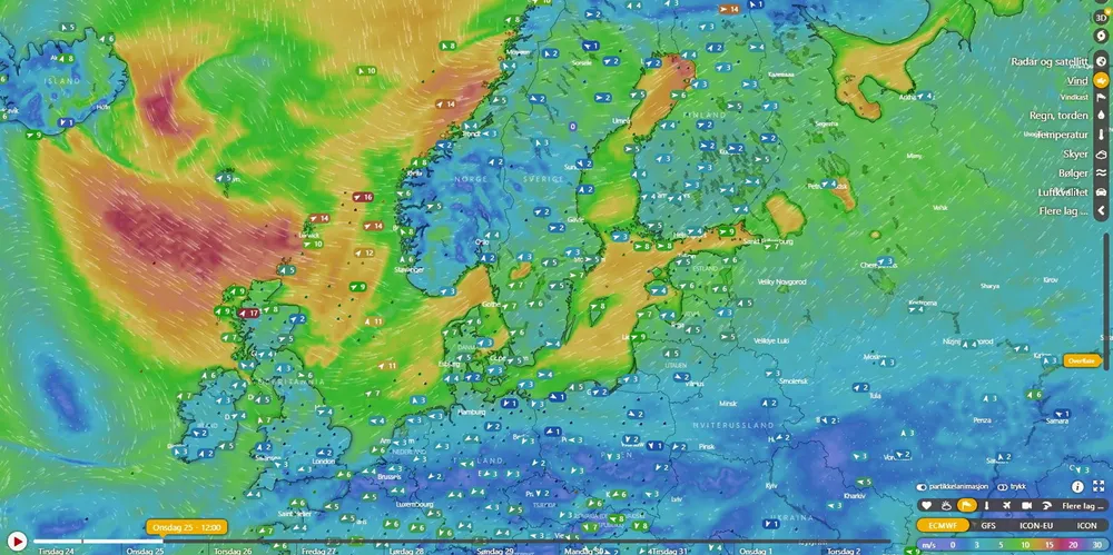 Vinden blåser friskt rundt Norden og presser strømpriser i hele regionen. Blått viser lite vind, mens rødt viser mye vind, klokken 13.00 i morgen, onsdag 25. januar.