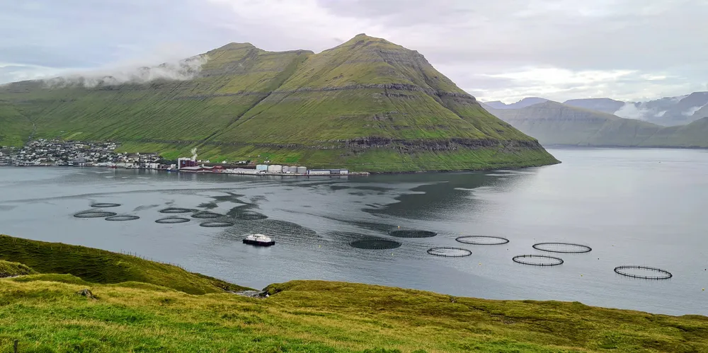 The Havsbrun feed factory is located in Fuglarfjord in the Faroe Islands. In the foreground is one of Bakkafrost's fish farms.