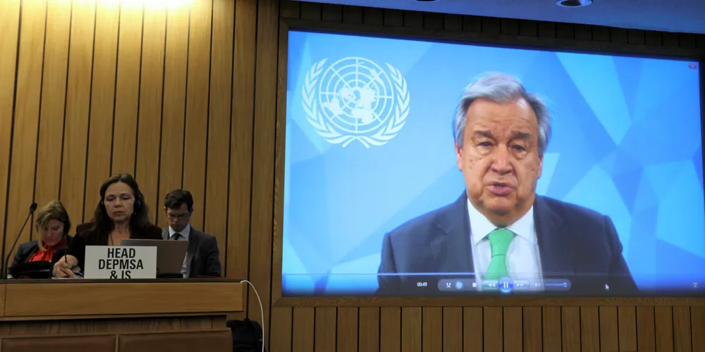 UN secretary general Antonio Guterres addresses the International Maritime Organization’s Marine Environment Protection Committee. The MEPC has decided new carbon targets for shipping.