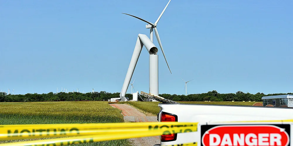 A wind turbine at the Chisholm View wind farm near Hunter, Okla., collapsed Tuesday May 21, 2019.