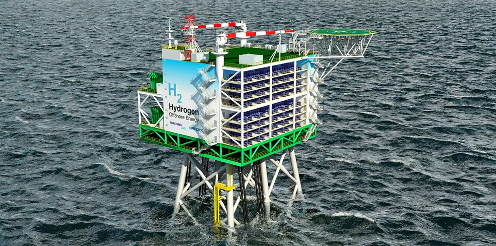 A rendering of an offshore hydrogen-production platform.