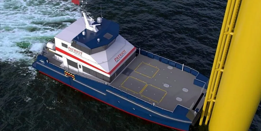 A rendering shows the crew transfer vessel that Patriot Offshore will supply to Equinor’s US wind farm. Patriot is a subsidiary of Liberty Green Logistics.