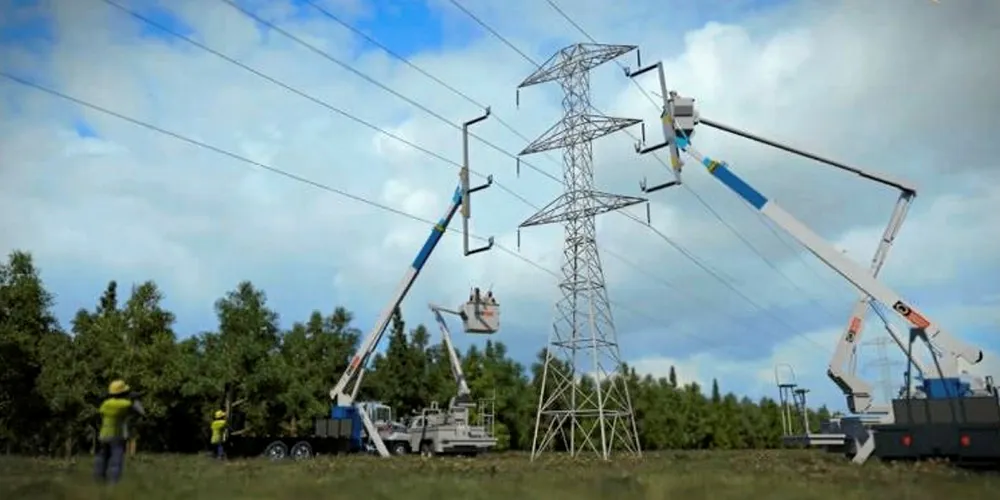 Quanta Services crews erect transmission tower.