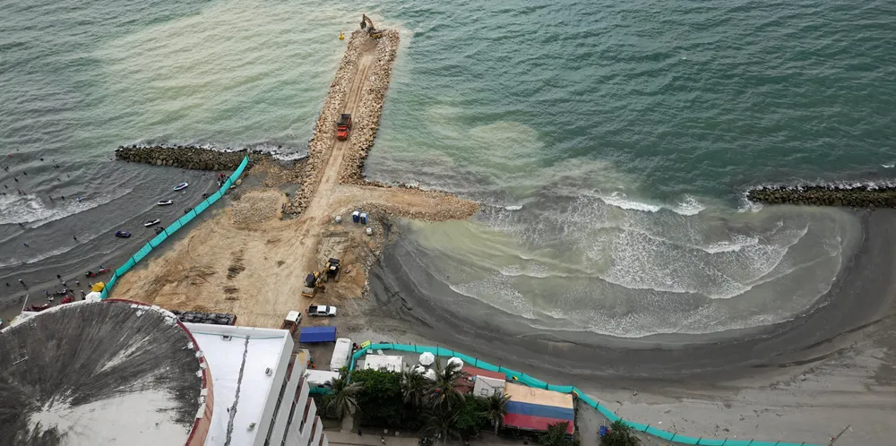 Crews work to harden Cartagena’s shores against sea level rises. The project is known as Plan 4C.